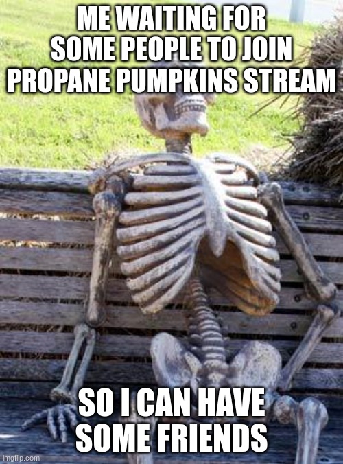 plz | ME WAITING FOR SOME PEOPLE TO JOIN PROPANE PUMPKINS STREAM; SO I CAN HAVE SOME FRIENDS | image tagged in memes,waiting skeleton | made w/ Imgflip meme maker