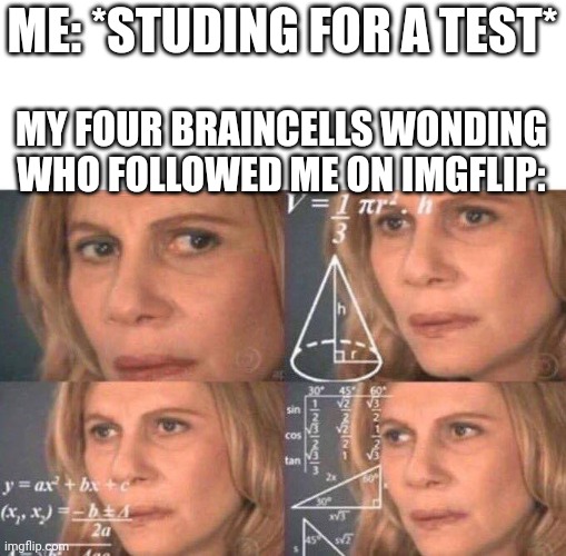Idk | ME: *STUDING FOR A TEST*; MY FOUR BRAINCELLS WONDING WHO FOLLOWED ME ON IMGFLIP: | image tagged in math lady/confused lady | made w/ Imgflip meme maker