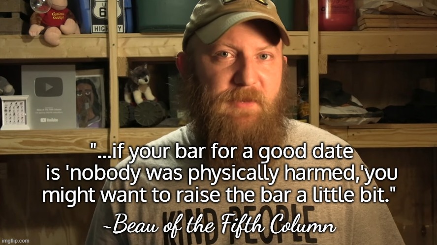 Dating Wisdom | "...if your bar for a good date is 'nobody was physically harmed,'you might want to raise the bar a little bit."; ~Beau of the Fifth Column | image tagged in beau,dating,advice | made w/ Imgflip meme maker