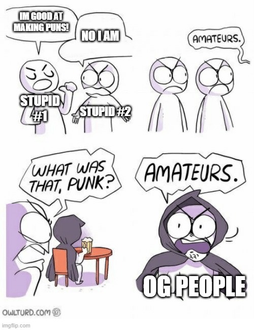 Amateurs | IM GOOD AT MAKING PUNS! NO I AM STUPID #1 STUPID #2 OG PEOPLE | image tagged in amateurs | made w/ Imgflip meme maker