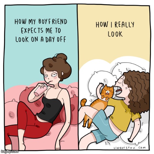 A Cat Lady's Way Of Thinking | image tagged in memes,comics,cat lady,day off,expectation vs reality,cats | made w/ Imgflip meme maker