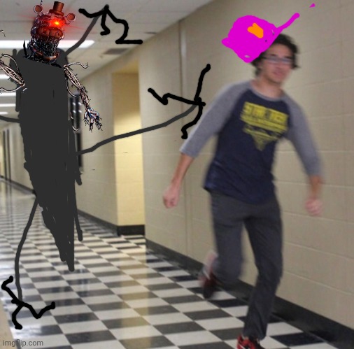 Molten Freddy chasing down a guard | image tagged in running away in hallway,molten freddy tries to kill | made w/ Imgflip meme maker