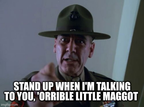 Sergeant Hartmann Meme | STAND UP WHEN I'M TALKING TO YOU, 'ORRIBLE LITTLE MAGGOT | image tagged in memes,sergeant hartmann | made w/ Imgflip meme maker