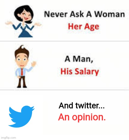 Twitter 2 | And twitter... An opinion. | image tagged in never ask a woman her age,opinion | made w/ Imgflip meme maker