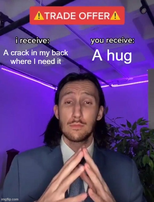 When you hug someone really short or really strong | A crack in my back
where I need it; A hug | image tagged in trade offer | made w/ Imgflip meme maker