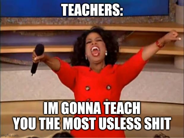 Teachers be like | TEACHERS:; IM GONNA TEACH YOU THE MOST USLESS SHIT | image tagged in memes,oprah you get a | made w/ Imgflip meme maker