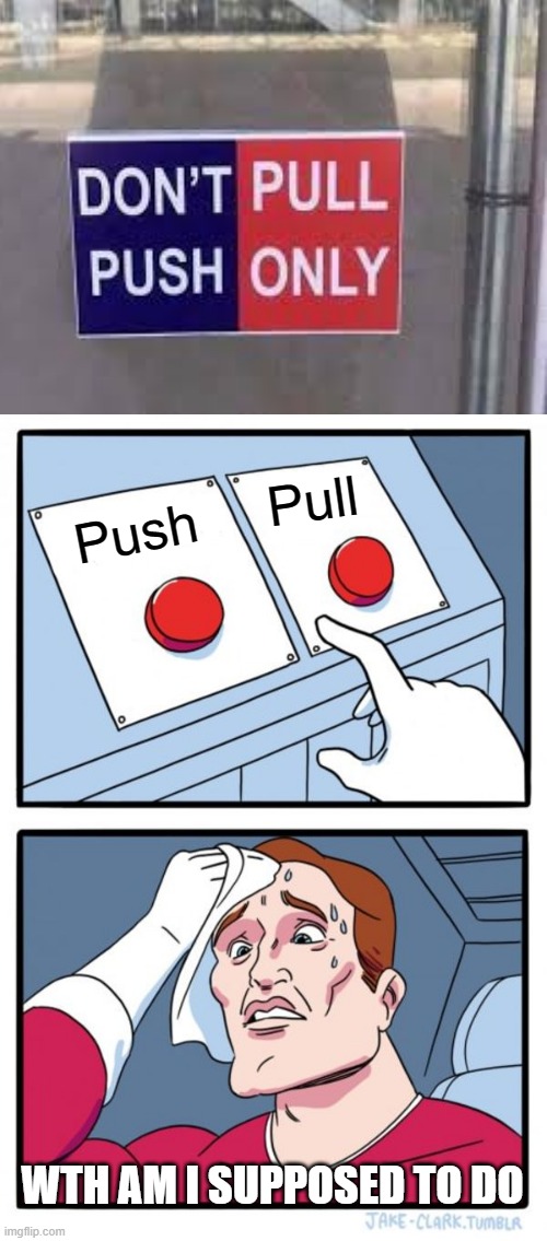 Like what are you meant to do | Pull; Push; WTH AM I SUPPOSED TO DO | image tagged in memes,two buttons,you had one job,godzilla had a stroke trying to read this and fricking died | made w/ Imgflip meme maker