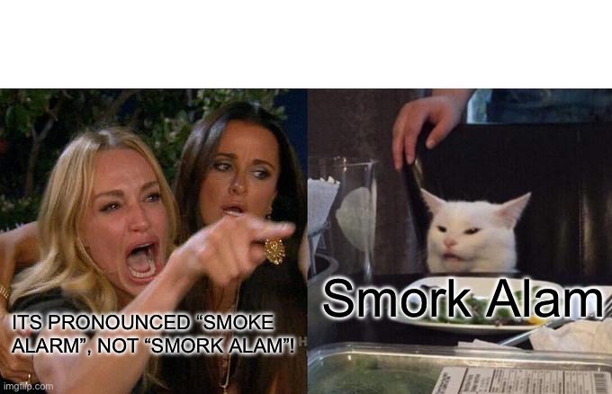 Smork Alam | Smork Alam; ITS PRONOUNCED “SMOKE ALARM”, NOT “SMORK ALAM”! | image tagged in memes,woman yelling at cat | made w/ Imgflip meme maker