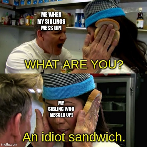 It's true! | ME WHEN MY SIBLINGS MESS UP! MY SIBLING WHO MESSED UP! | image tagged in gordon ramsay idiot sandwich | made w/ Imgflip meme maker