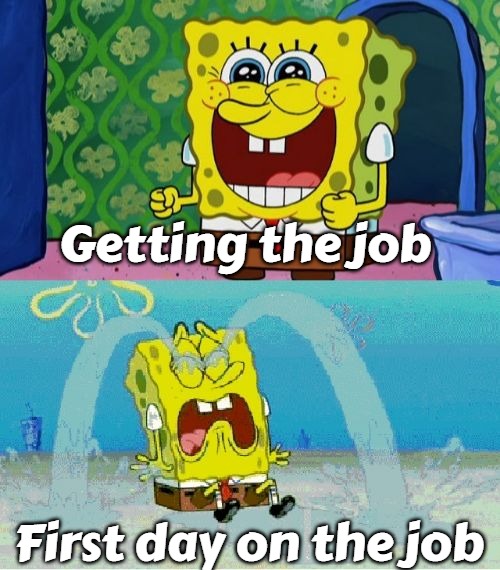 spongebob happy and sad | Getting the job; First day on the job | image tagged in spongebob happy and sad,slavic | made w/ Imgflip meme maker