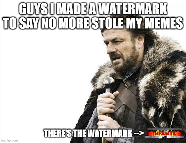 Everyone Can Make A Water Mark! | GUYS I MADE A WATERMARK TO SAY NO MORE STOLE MY MEMES; THERE'S THE WATERMARK --> | image tagged in brace yourselves x is coming,announcement,watermark | made w/ Imgflip meme maker