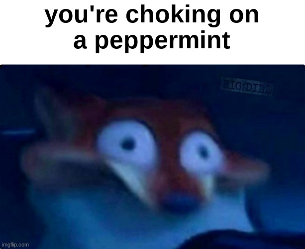 dont ask how or why I got this meme idea in the first place | you're choking on
a peppermint | image tagged in nick wilde | made w/ Imgflip meme maker