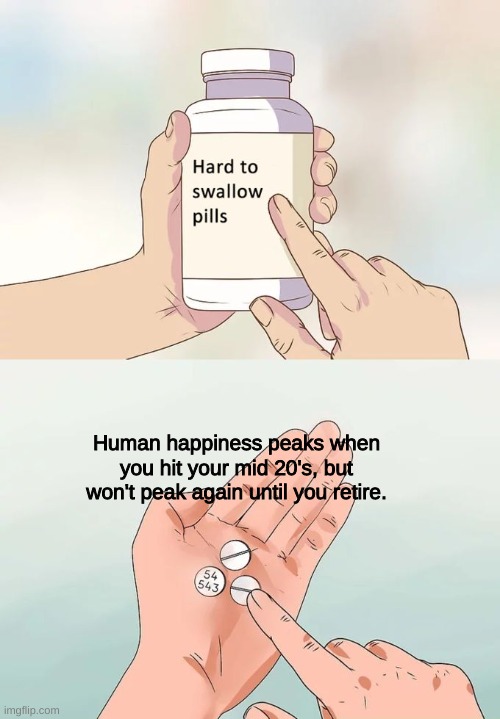 the system is broken | Human happiness peaks when you hit your mid 20's, but won't peak again until you retire. | image tagged in memes,hard to swallow pills | made w/ Imgflip meme maker