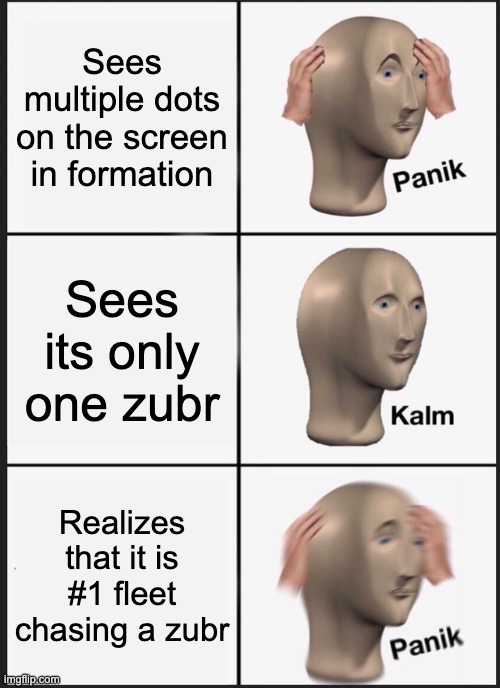 Panik Kalm Panik Meme | Sees multiple dots on the screen in formation; Sees its only one zubr; Realizes that it is #1 fleet chasing a zubr | image tagged in memes,panik kalm panik | made w/ Imgflip meme maker