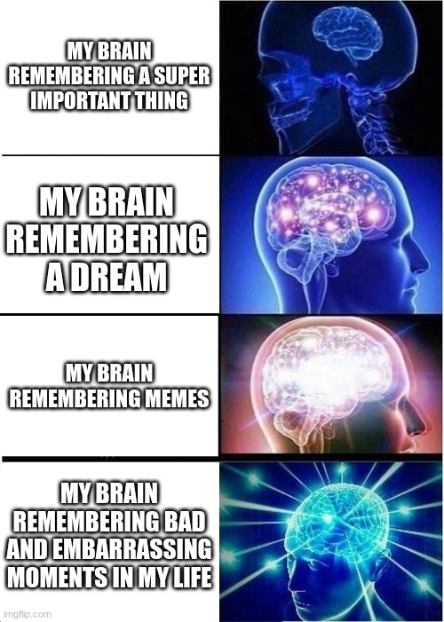 I just cant | MY BRAIN REMEMBERING A SUPER IMPORTANT THING; MY BRAIN REMEMBERING A DREAM; MY BRAIN REMEMBERING MEMES; MY BRAIN REMEMBERING BAD AND EMBARRASSING MOMENTS IN MY LIFE | image tagged in memes,expanding brain | made w/ Imgflip meme maker