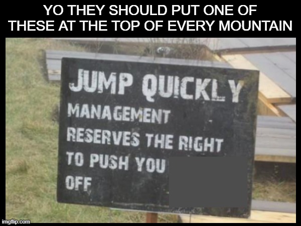 people who are basejumping: *immunity intensifies" | YO THEY SHOULD PUT ONE OF THESE AT THE TOP OF EVERY MOUNTAIN | image tagged in oh no,jump | made w/ Imgflip meme maker