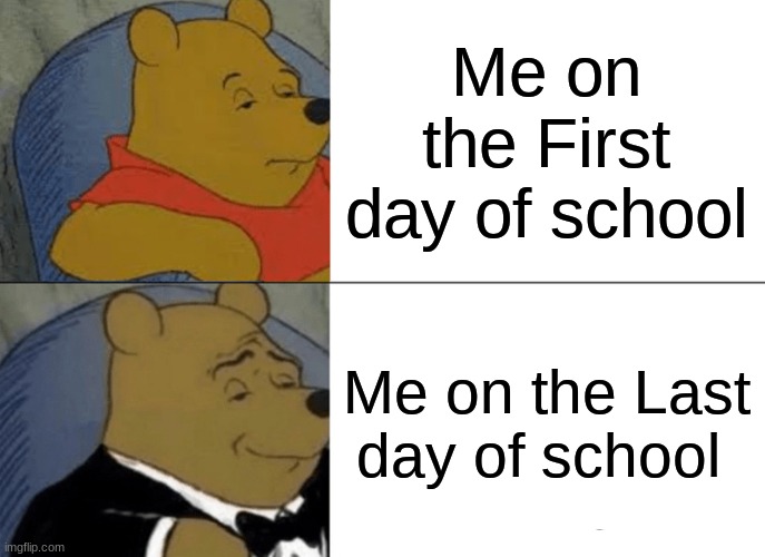 Tuxedo Winnie The Pooh Meme | Me on the First day of school; Me on the Last day of school | image tagged in memes,tuxedo winnie the pooh | made w/ Imgflip meme maker