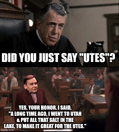 My cousin Tony. | DID YOU JUST SAY "UTES"? YES, YOUR HONOR. I SAID, "A LONG TIME AGO, I WENT TO UTAH & PUT ALL THAT SALT IN THE LAKE, TO MAKE IT GREAT FOR THE UTES." | image tagged in my cousin vinny judge,my cousin vinny,my cousin tony devolder,lyin georgs santos | made w/ Imgflip meme maker