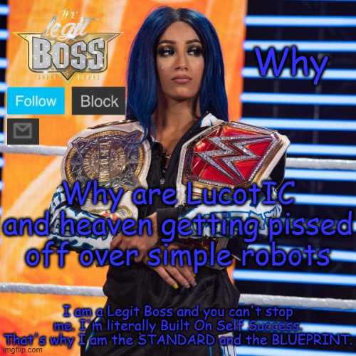 Sasha Banks template V2 | Why; Why are LucotIC and heaven getting pissed off over simple robots | image tagged in sasha banks template v2 | made w/ Imgflip meme maker