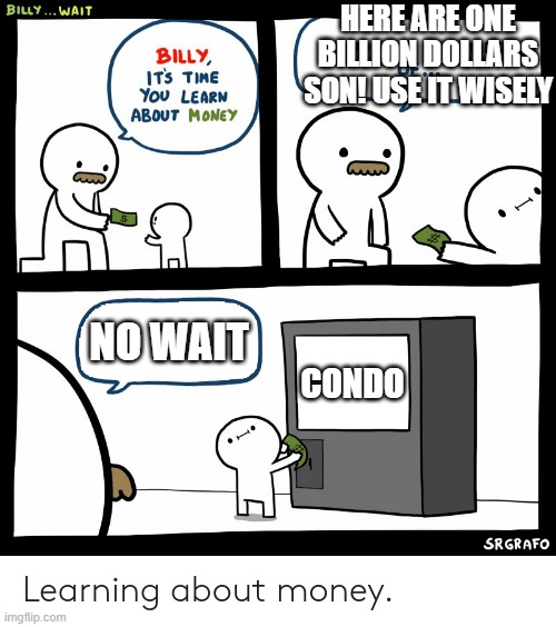 no don't leave me | HERE ARE ONE BILLION DOLLARS SON! USE IT WISELY; NO WAIT; CONDO | image tagged in billy learning about money,memes | made w/ Imgflip meme maker
