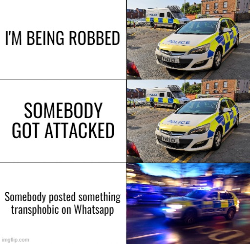 Police Car  | I'M BEING ROBBED SOMEBODY GOT ATTACKED Somebody posted something transphobic on Whatsapp | image tagged in police car | made w/ Imgflip meme maker