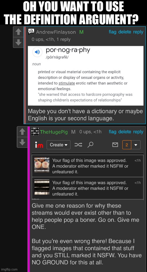 He has no argument other than “nsfw is not porn” and nothing else | OH YOU WANT TO USE THE DEFINITION ARGUMENT? | made w/ Imgflip meme maker