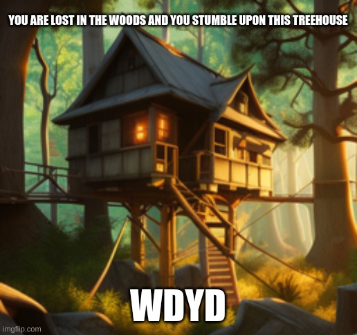 minor violence, no romance, you may not set it on fire, NO ERP | YOU ARE LOST IN THE WOODS AND YOU STUMBLE UPON THIS TREEHOUSE; WDYD | image tagged in roleplaying | made w/ Imgflip meme maker