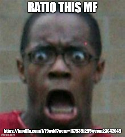 surprised | RATIO THIS MF; https://imgflip.com/i/79oykj?nerp=1675351255#com23642049 | image tagged in surprised | made w/ Imgflip meme maker