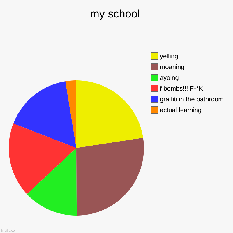 school | my school | actual learning, graffiti in the bathroom, f bombs!!! F**K!, ayoing, moaning, yelling | image tagged in charts,pie charts,memes | made w/ Imgflip chart maker