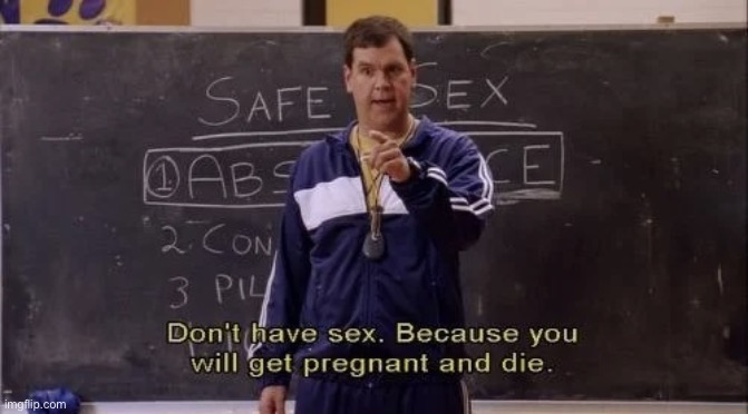 Don’t have sex. Because you will get pregnant and die. | image tagged in don t have sex because you will get pregnant and die | made w/ Imgflip meme maker