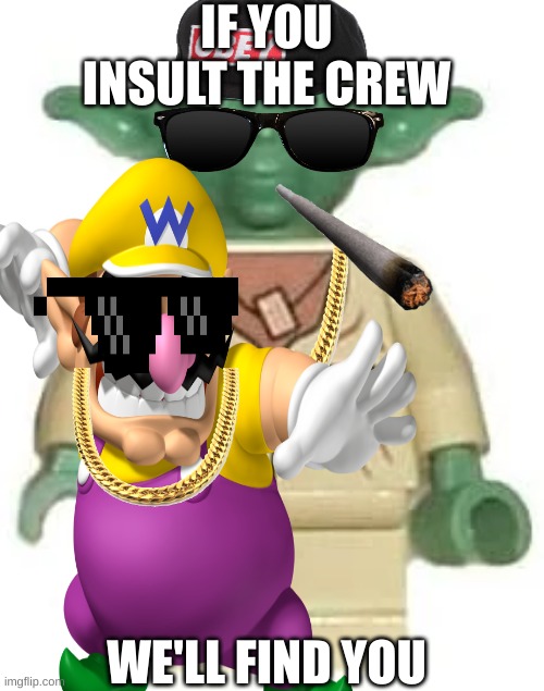 He crosses the border | IF YOU INSULT THE CREW; WE'LL FIND YOU | image tagged in funny memes,wario,yoda wisdom | made w/ Imgflip meme maker