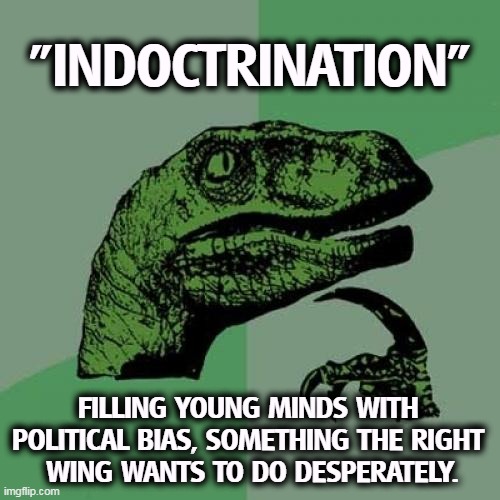 "Indoctrination" means trying to plant right wing hatred and bigotry in people too young to know better. | "INDOCTRINATION"; FILLING YOUNG MINDS WITH 
POLITICAL BIAS, SOMETHING THE RIGHT 
WING WANTS TO DO DESPERATELY. | image tagged in memes,philosoraptor,indoctrination,right wing,stupidity,hatred | made w/ Imgflip meme maker