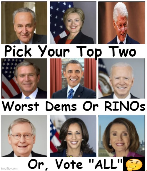 Poll of the Day (may not be scientific...) | Pick Your Top Two; Worst Dems Or RINOs; Or, Vote "ALL" | image tagged in politics,democrats,rinos,worst,poll,all bad | made w/ Imgflip meme maker