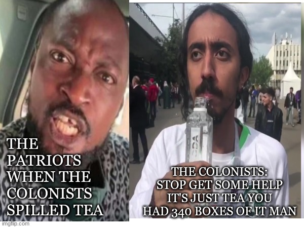 the boston tea act | THE PATRIOTS WHEN THE COLONISTS SPILLED TEA; THE COLONISTS: STOP GET SOME HELP IT'S JUST TEA YOU HAD 340 BOXES OF IT MAN | image tagged in boston tea party | made w/ Imgflip meme maker