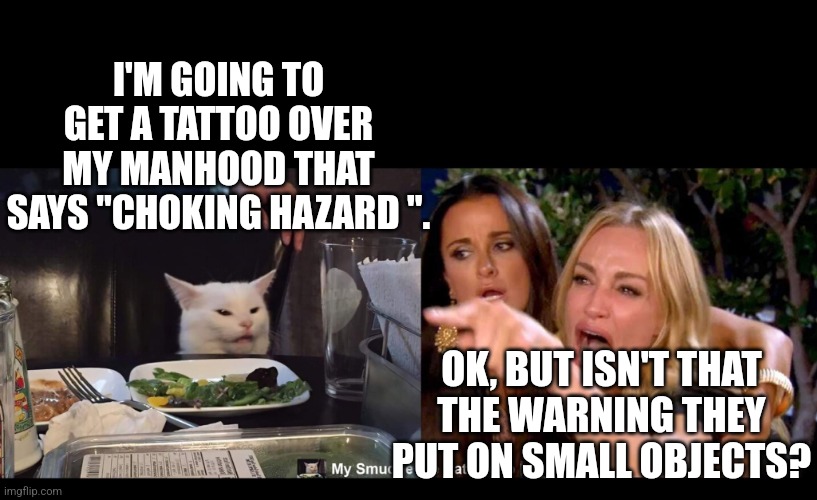 I'M GOING TO GET A TATTOO OVER MY MANHOOD THAT SAYS "CHOKING HAZARD ". OK, BUT ISN'T THAT THE WARNING THEY PUT ON SMALL OBJECTS? | image tagged in smudge the cat,funny memes | made w/ Imgflip meme maker