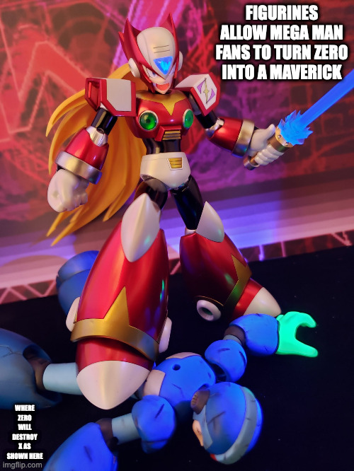 Maverick Zero Figurine | FIGURINES ALLOW MEGA MAN FANS TO TURN ZERO INTO A MAVERICK; WHERE ZERO WILL DESTROY X AS SHOWN HERE | image tagged in megaman x,zero,memes | made w/ Imgflip meme maker