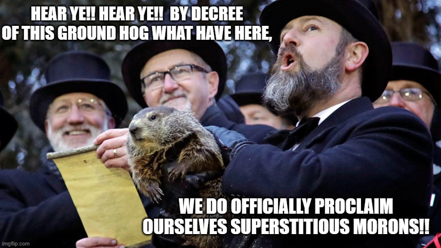 groundhog day announcement | HEAR YE!! HEAR YE!!  BY DECREE OF THIS GROUND HOG WHAT HAVE HERE, WE DO OFFICIALLY PROCLAIM OURSELVES SUPERSTITIOUS MORONS!! | image tagged in groundhog day announcement | made w/ Imgflip meme maker