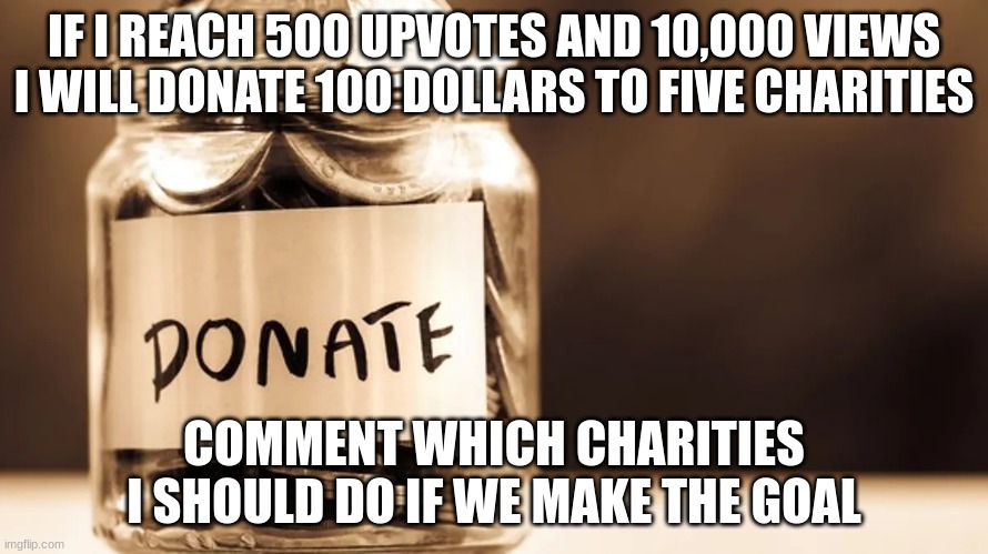 Charity donate | IF I REACH 500 UPVOTES AND 10,000 VIEWS I WILL DONATE 100 DOLLARS TO FIVE CHARITIES; COMMENT WHICH CHARITIES I SHOULD DO IF WE MAKE THE GOAL | image tagged in charity donate | made w/ Imgflip meme maker