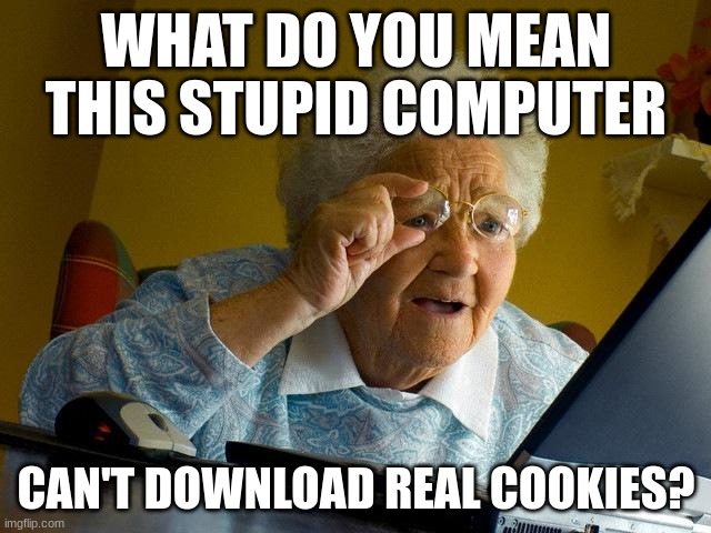 Grandma tries to download food | WHAT DO YOU MEAN THIS STUPID COMPUTER; CAN'T DOWNLOAD REAL COOKIES? | image tagged in memes,grandma finds the internet | made w/ Imgflip meme maker