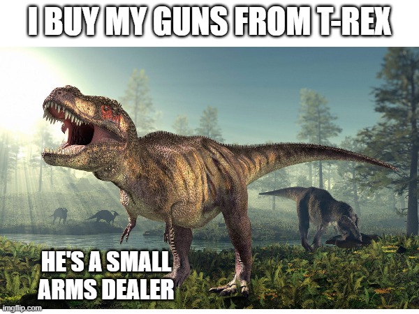 T-Rex | I BUY MY GUNS FROM T-REX; HE'S A SMALL ARMS DEALER | image tagged in memes,dumb joke | made w/ Imgflip meme maker