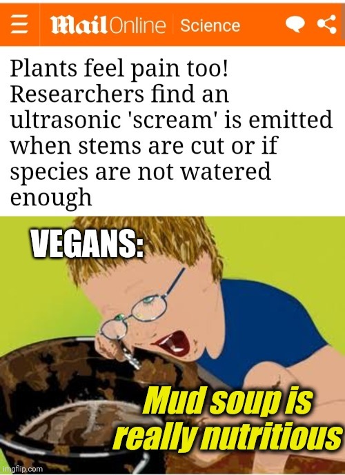 Mud Soup on the Menu | image tagged in mud,vegans,scream,plants | made w/ Imgflip meme maker