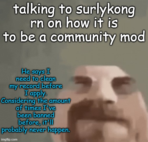 heisenburger | talking to surlykong rn on how it is to be a community mod; He says I need to clean my record before I apply.
Considering the amount of times I've been banned before, it'll probably never happen. | image tagged in heisenburger | made w/ Imgflip meme maker