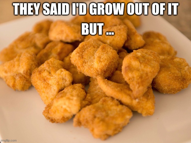 Chicken Nuggets | BUT ... THEY SAID I'D GROW OUT OF IT | image tagged in grow up,chicken,chicken nuggets | made w/ Imgflip meme maker