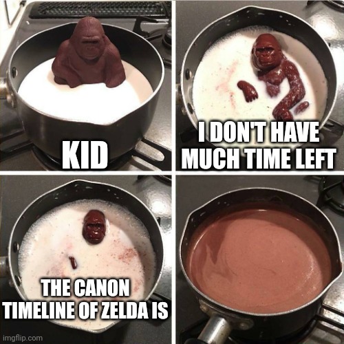 We will never know | KID; I DON'T HAVE MUCH TIME LEFT; THE CANON TIMELINE OF ZELDA IS | image tagged in chocolate gorilla | made w/ Imgflip meme maker