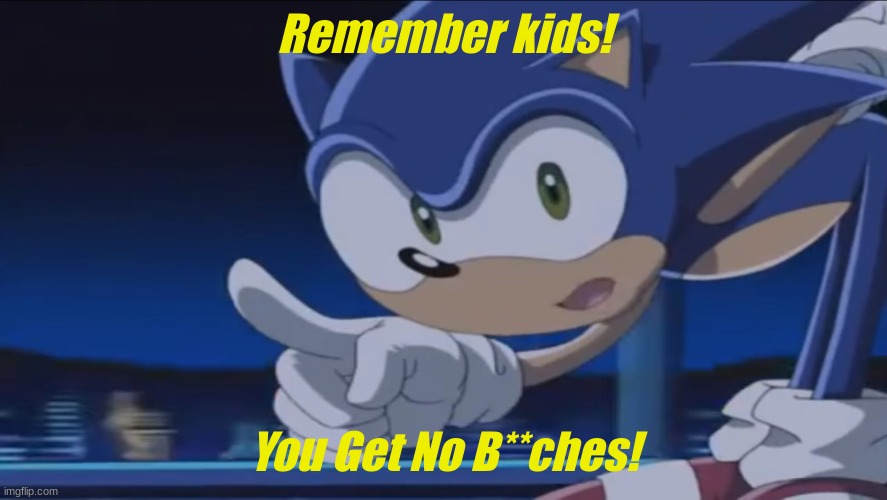 HAHA NO B**CHES! | Remember kids! You Get No B**ches! | image tagged in kids don't - sonic x | made w/ Imgflip meme maker
