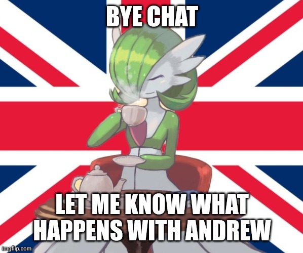 Bye chat | BYE CHAT; LET ME KNOW WHAT HAPPENS WITH ANDREW | image tagged in gardi the bri'ish | made w/ Imgflip meme maker