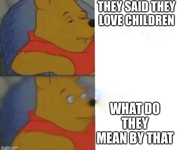 Concerned Pooh | THEY SAID THEY LOVE CHILDREN WHAT DO THEY MEAN BY THAT | image tagged in concerned pooh | made w/ Imgflip meme maker