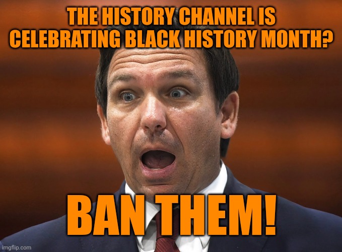Freedom of speech... for white supremacists | THE HISTORY CHANNEL IS CELEBRATING BLACK HISTORY MONTH? BAN THEM! | image tagged in desantis racist,censorship,republican ministry of truth,history channel,black history month | made w/ Imgflip meme maker