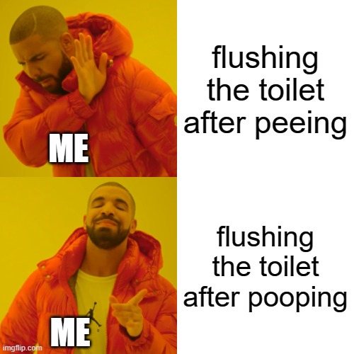 Drake Hotline Bling | flushing the toilet after peeing; ME; flushing the toilet after pooping; ME | image tagged in memes,drake hotline bling | made w/ Imgflip meme maker