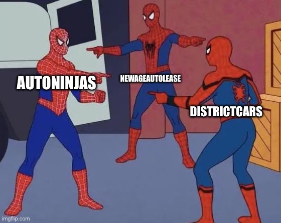 3 Spiderman Pointing | NEWAGEAUTOLEASE; AUTONINJAS; DISTRICTCARS | image tagged in 3 spiderman pointing | made w/ Imgflip meme maker